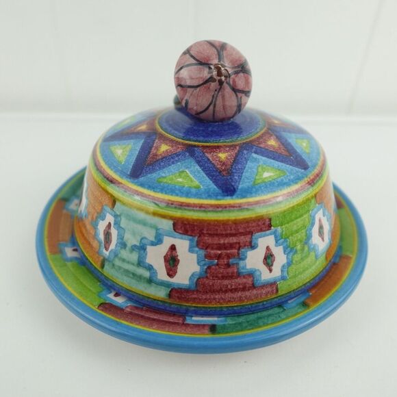Mexican Colorful Pottery Art Covered Butter Cheese Dish Signed By The Artist - Picture 4 of 12